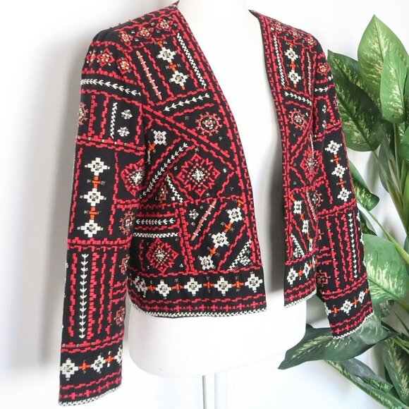 Zara Black Red Embroidered Beaded Open Front Crop Blazer Ethnic Dressy Statement - Picture 8 of 16